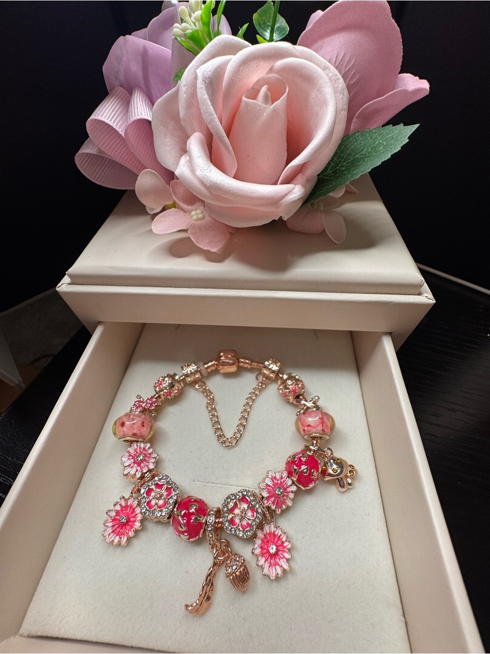 Elegant Pink Floral Charm Bracelet - Gold Tone